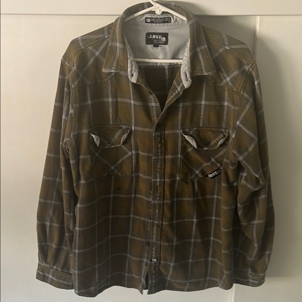 Lost Olive and White Plaid Shirt
